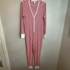 Victoria's Secret Thermal Long One Piece XL Pajamas Red Cream Striped Christmas